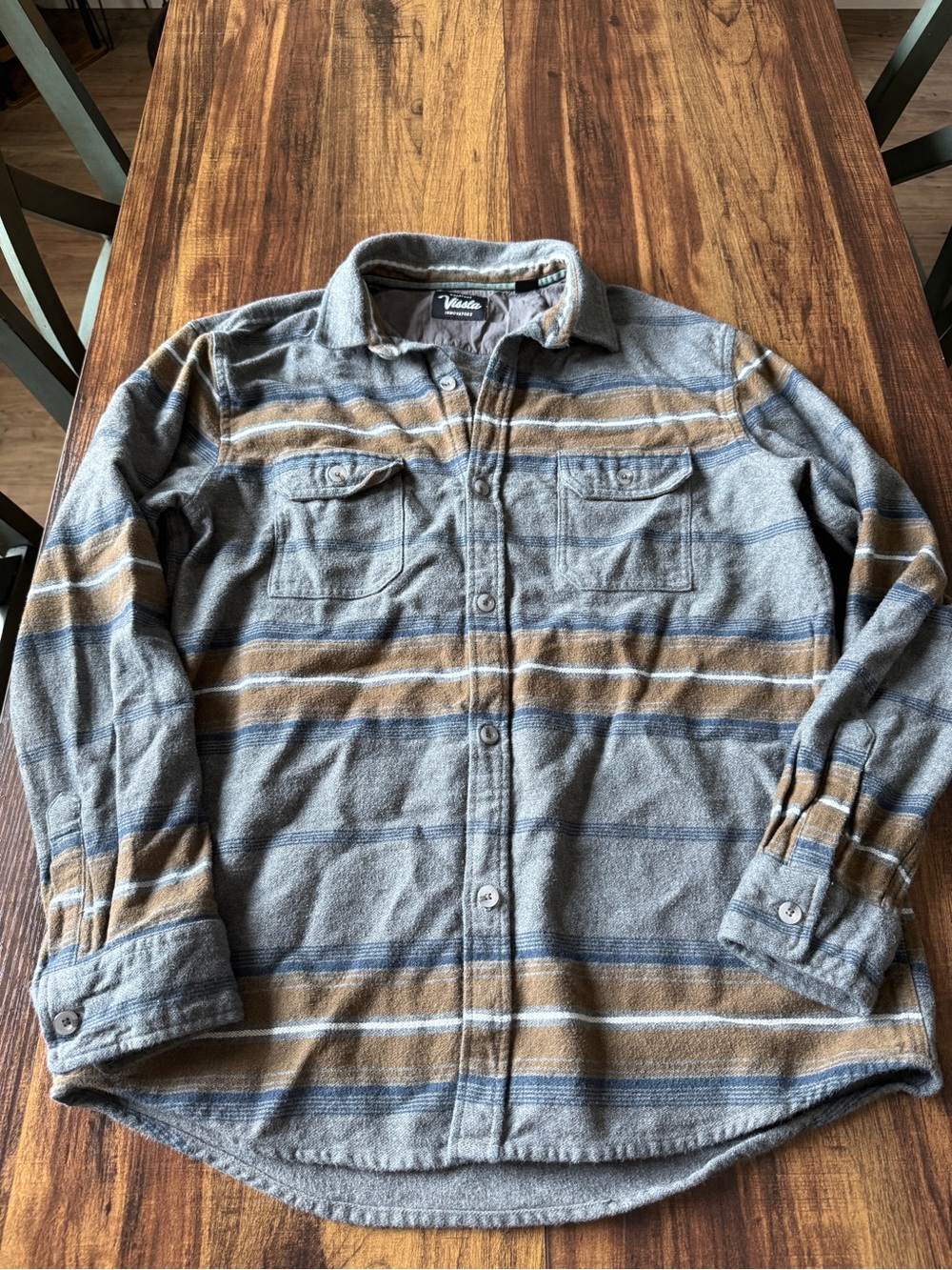 VISSLA Gray Shirt Jacket with Tan & Blue Stripes